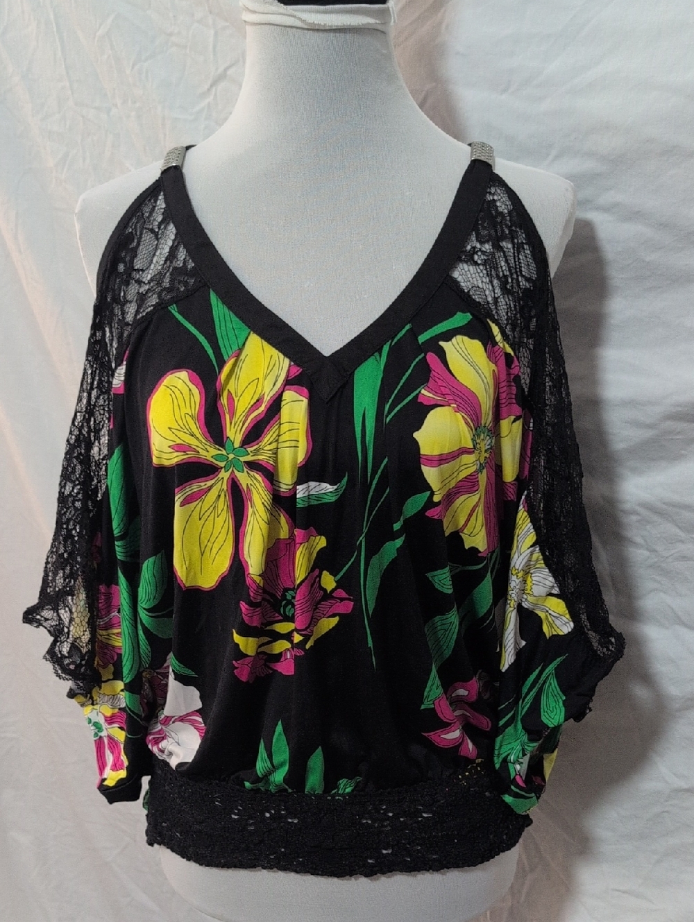 Baby Phat Black Floral Cold-Shoulder V-Neck Tunic with Lace Sleeves